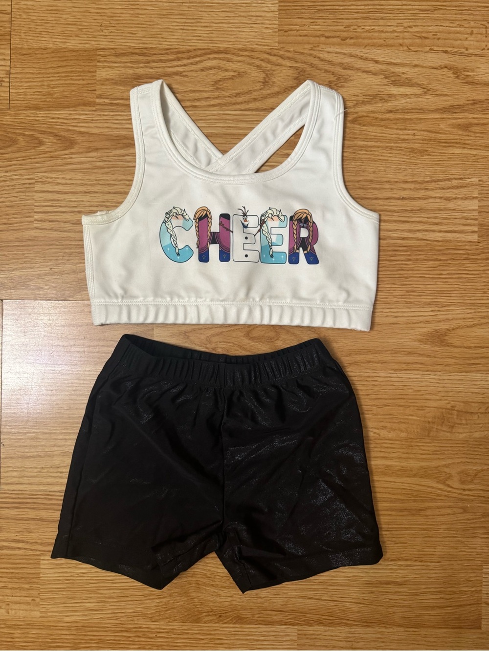 Source Unknown White CHEER Graphic Crop Top with Black Athletic Shorts